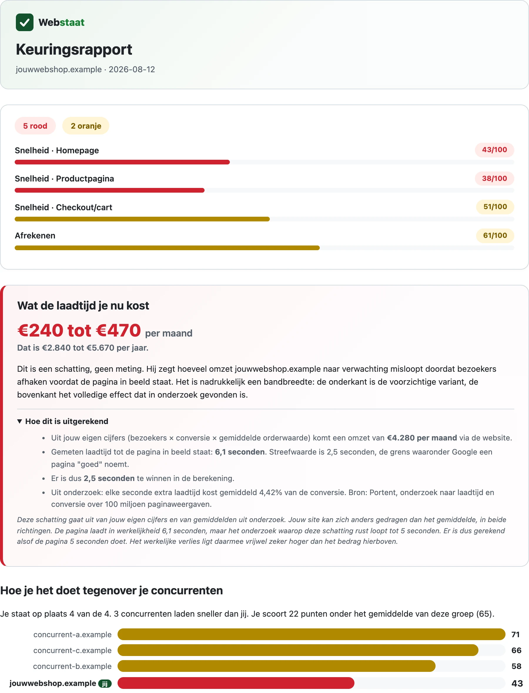 Eerste pagina van een keuringsrapport: scores voor snelheid en afrekenen, een schatting van het omzetverlies per maand en een vergelijking met drie concurrenten.